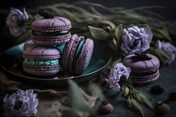 Homemade elderberry flavored macaroons. Creative dessert compositions food photography made with Generative AI