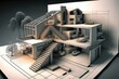 3D buildings emerging form architectural drawings. Generative AI illustration.