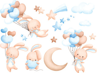 Wall Mural - Watercolor Illustration set of cute rabbit and balloons