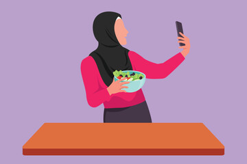 Wall Mural - Character flat drawing female taking selfie or making video call using smartphone while platting fresh salad. Arabian woman cooking healthy food or nutrition meal. Cartoon design vector illustration