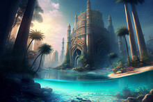 Mythical Underwater City Atlantis, Generative Ai. Depicting A Lost Civilization's Remnants Amidst Marine Life