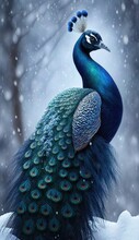 Graceful Peacock In Snow. Animal In Winter Scenes. Generative Ai.