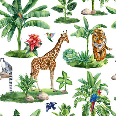 Wildlife. Tropical palm tree and animal seamless pattern, Exotic botanical jungle wallpaper. Hand drawn painting