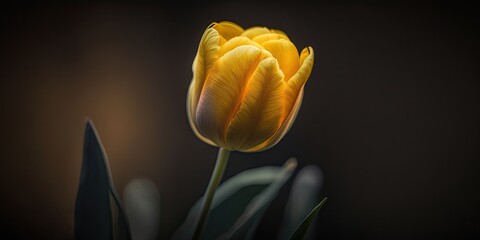 Canvas Print - Macro of single isolated yellow tulip flower against soft, blurred dark background with bokeh. Foreground flowers creating fore like blur. Generative AI