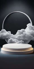 Sticker - Platform and natural podium background for product exhibition, blank showcase, mockup template, or cosmetic demonstration with empty round stage during the night on the high clouds. Generative AI