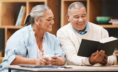 Wall Mural - Reading, book and senior couple with bible for spiritual faith, studying religion and relax in home with coffee. Jesus, tea and retired happy man and woman with holy text for learning to worship God.