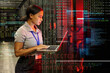 © Nina L/peopleimages.com - Virus code, laptop or server room in 3d IT engineering, software programming or futuristic cybersecurity hacker. Technology, data center or abstract security coding of thinking woman in safety crisis