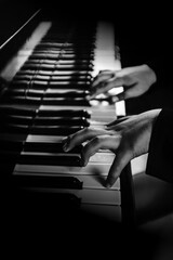 Poster - Pianist male hands playing music on piano keys.