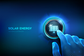 Solar energy. Solar PV panel power plant station icon. Renewable sustainable photovoltaic solar park energy generation concept. Closeup finger about to press a button. Vector illustration.