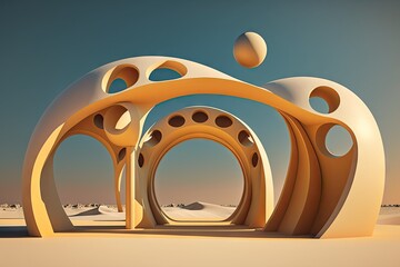 Poster - Abstract, architectural structure with soaring golden balls and arches over a sandy beach and sky background. Modern, minimalistic abstract art for commercial advertisements. Generative AI