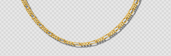 Set of realistic vector golden chains. Vector illustration of gold links isolated on white background