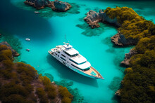 Aerial View Of Luxury Yacht Anchored In Tropical Island Water Created With Generative AI