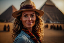 "Adventurous Traveler Captures A Joyous Moment In Front Of The Pyramids" Generative AI