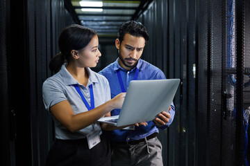 Leinwandbilder - Laptop, server room and technician people problem solving in database management, system upgrade or cyber security. Error, data center or engineer employees, information technology and programming