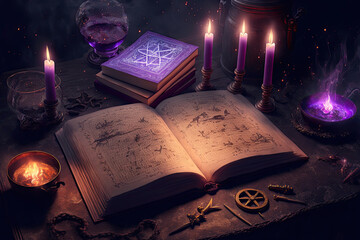 magic old book of witchcraft with candles on the table. dark fantasy illustration. generative ai