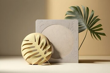 Poster - Background with a simple abstract concrete texture for cosmetic product presentations. Premium podium with a shadow of a palm leaf on a wall of natural stone that is beige. Realistic. Generative AI