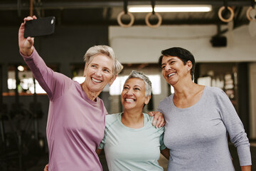 Poster - Selfie, friends and senior women in gym taking pictures for happy memory together. Sports, laughing and group of retired females taking photo for social media post after workout, training or exercise