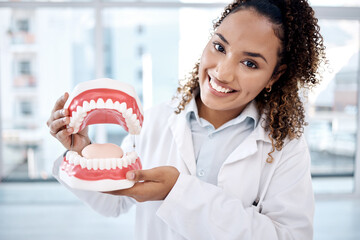 Canvas Print - Dentures, healthcare and portrait of dentist for dental wellness, teeth whitening and oral care. Dentistry, medical clinic and orthodontist smile with mold for mouth hygiene, tooth surgery and braces