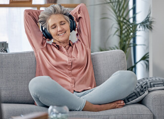 Poster - Relax, music and headphones with old woman on sofa for peace, wellness and streaming. Mobile radio, podcast and technology with lady listening in living room at home for health, happy and zen mindset