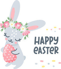 Wall Mural - Cute vector card for Easter. Scandinavian-style hare with a wreath of flowers on his head. Easter bunny holding an egg. Happy Easter inscription. 