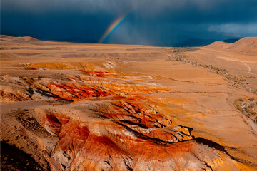 Aerial Altai landscape Republic, Russia. Martian red colored sand and clay Mars 2 in Gorny Altay drone view