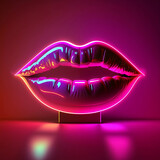 Neon lips with backlight on the dark background, Glossy lips, concept female lips