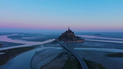 Wall Mural - Aerial view of Panoramic view with sunset sky scene at Mont-Saint-Michel, Normandy, France	