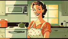 Charming Vintage Style Illustration Of Cheerful Woman In The Kitchen. Happy Housewife Of The 1950s Concept. Made With Generative AI.