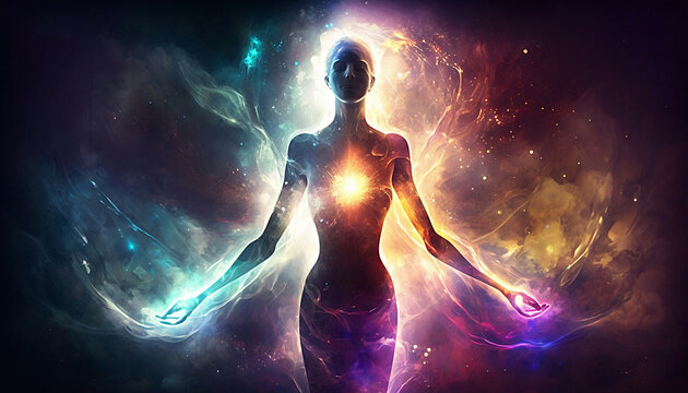 universe meta human goddess spirit silhouette on galaxy space background, new quality colorful spiri