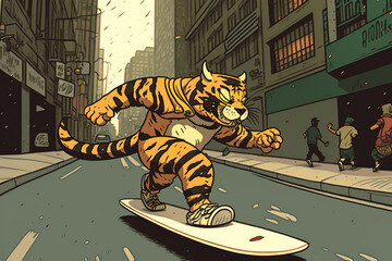 A tiger skateboarding in the city, cartoon, illustration - Generative AI