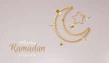 Ramadan Kareem Holiday Design Concept. Islamic 3d Gold Crescent And Star Silhouette. Place For Text