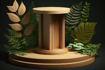 Canvas Print - podium made of wood with foliage and shadows. Presentation platform made of realistic wood. little scene of the outdoors with a pedestal. cosmetic exhibit or ceremony. Generative AI