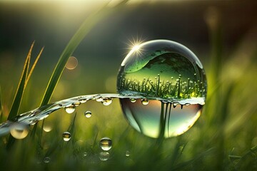 Wall Mural - Beautiful water drop shine in the sunlight on a blade of grass, macro. Large morning dew droplet outside. Amazing artistic image of the pristine environment. Generative AI