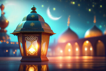 Wall Mural - Original traditional ornate oriental lantern with beautiful bokeh of holiday lights and mosque in background. AI generated.