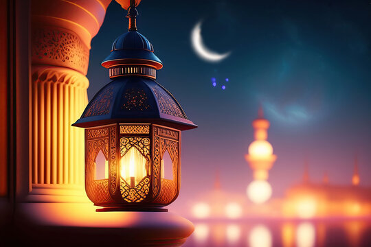 original traditional ornate oriental lantern with beautiful bokeh of holiday lights and mosque in ba