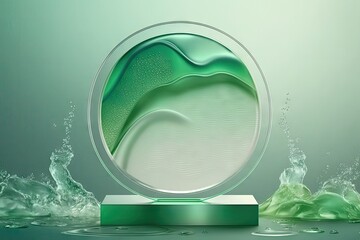 Wall Mural - Glass podium with an empty circle on top of a translucent, clear, and green water texture with waves. Background of abstract nature for product display. Mockup for cosmetics in flat lay. Generative AI