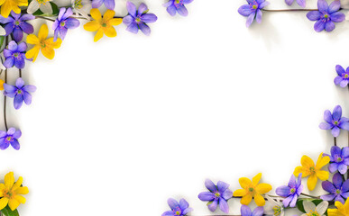 Wall Mural - violet blue flowers hepatica, white and yellow flowers anemone on a white background with space for 