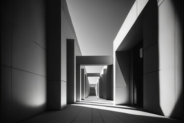 Abstraction of architectural-spatial design with the rhythm of windows, shadows and walls. Corridor without people, B&W, bright sunlight, contrast, Generative AI