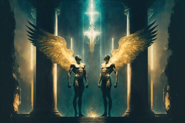 Illustration of twin gods. Gemini Zodiac Sign. Fantastic scenery. Concept. Generative AI Illustration