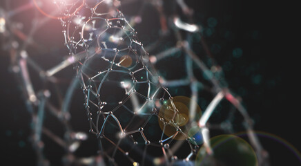Poster - Nano structure, crystal lattice, cyber network 3D illustration. Neural connections of woven data. Depth and low sharpness