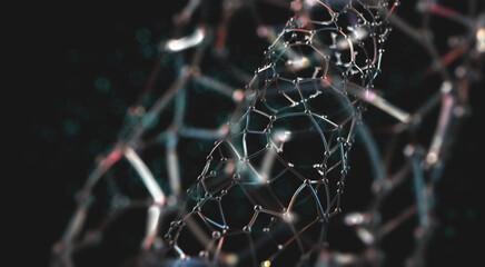 Poster - Nano structure, crystal lattice, cyber network 3D illustration. Neural connections of woven data. Depth and low sharpness