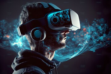 Man wearing VR glasses virtual Global Internet connection metaverse with a new experience in metaverse virtual world created by generative AI