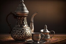 A Picture Of A Classic Arabic Coffee Pot And Cup. Generative AI
