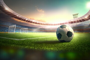 ball on the green field in soccer stadium created by Generative AI