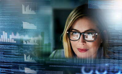 Fintech, futuristic hologram and woman on computer for online finance, stock trading and data analysis. Digital transformation, software overlay and face of girl for financial analytics on 3d screen