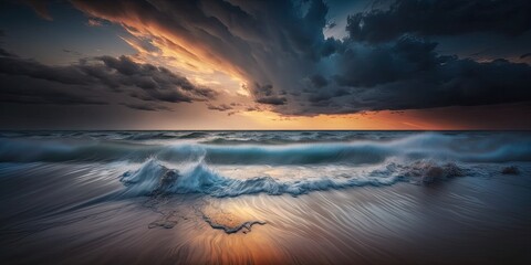 Wall Mural - Baltic Sea as dusk falls. Spectacular clouds, glowing sky, and gentle golden sunlight. waves and water splashing. Beautiful, ethereal cloud and seascapes. Long exposure, sweeping perspective. weather