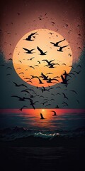 Silhouette flock of birds in v shaped flying over the sea at sunset.Birds flying in autumn equinox day. The freedom of birds,freedom concept. Generative AI