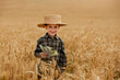 © volody10 - Little boy is holding dollars among a field of ripe ears of corn. Profit from agriculture during harvesting season in the summer