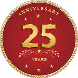 Fototapeta Tulipany - 25 years anniversary logo design with laurel branches in golden circle on red background with rays and stars. Vector illustration