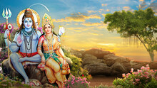 3d Wallpaper Of Lord Shiv Parvati With Clouds Trees And Sun Rays, God Mahadev 3D Illustration Blue Orange Background Clouds With Rays God Mahadev Doing Blessings With Goddess Parvati 